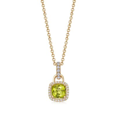 18ct Yellow Gold Petite Cushion Peridot & Diamond Halo Pendant (0.20ct tw.)