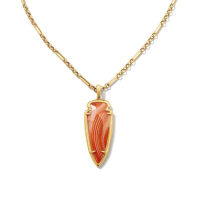 Praylar Vintage Gold Long Pendant Necklace in Orange Banded Agate