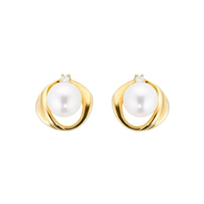 9ct Yellow Gold Flow Pearl Diamond Stud Earrings (0.04ct tw.)