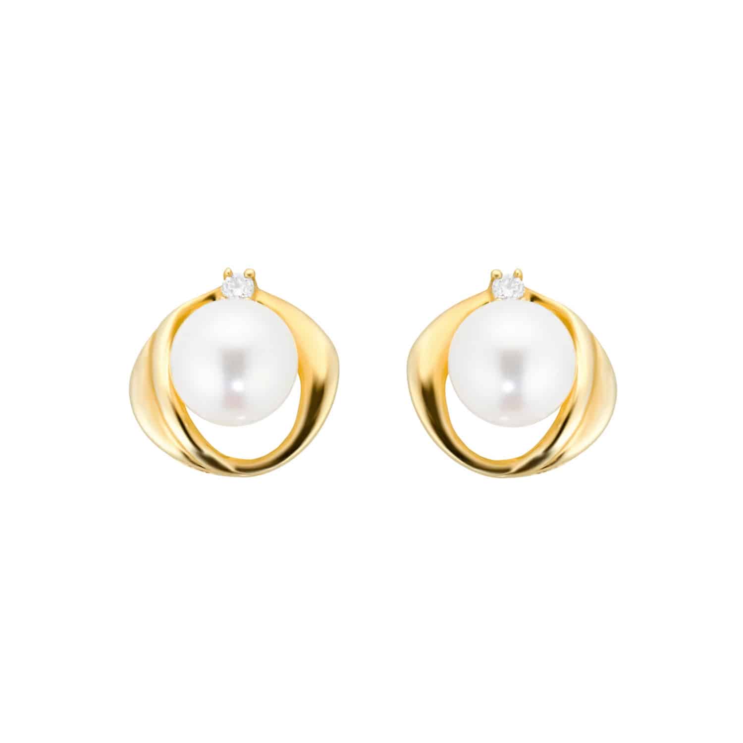 9ct Yellow Gold Flow Pearl Diamond Stud Earrings (0.04ct tw.)