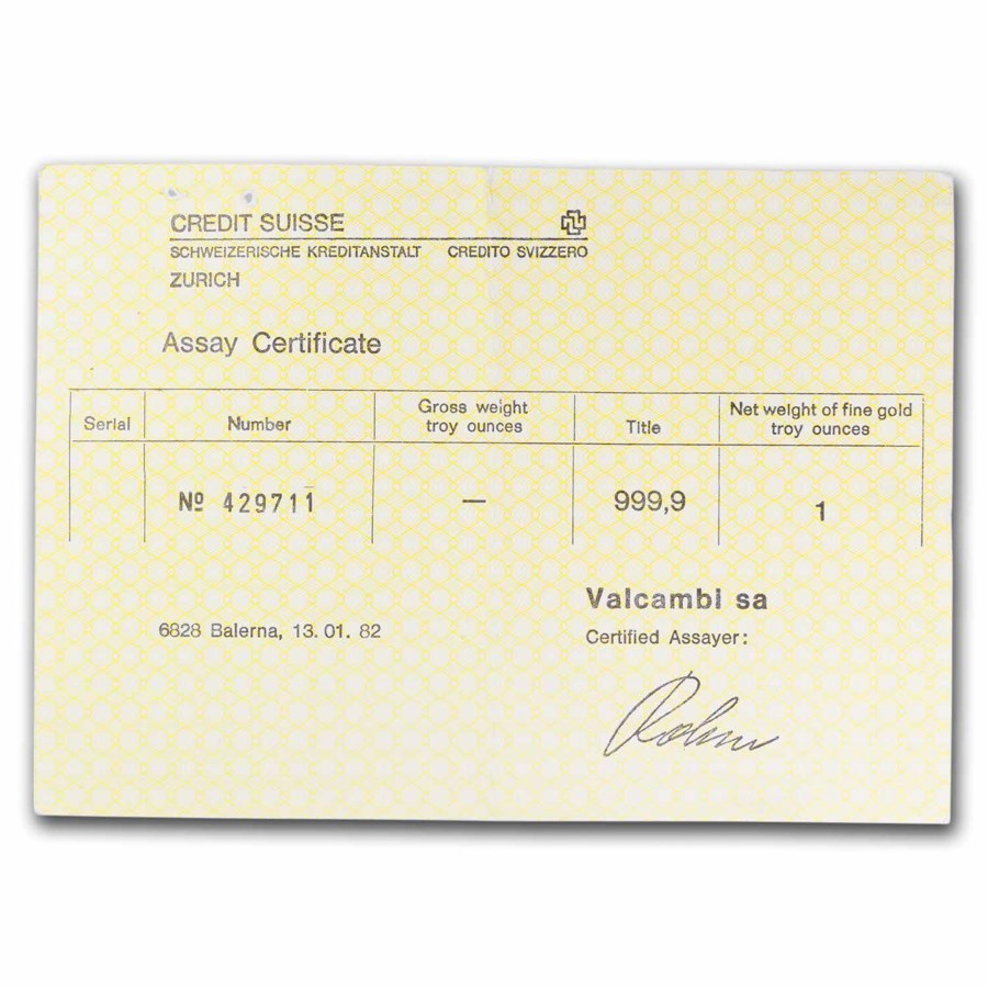 1 oz Gold Bar - Credit Suisse (Vintage, Paper Assay) - Image 3